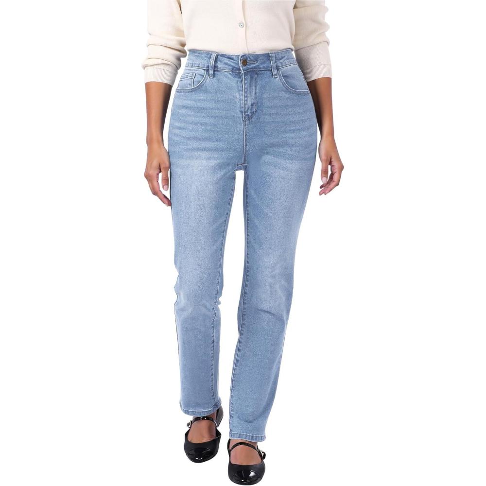 imageGRAPENT Straight Leg Jeans for Women Trendy High Waisted Classic Stretchy Denim Pants Casual Trouser Jeans with PocketsLakeside Blue
