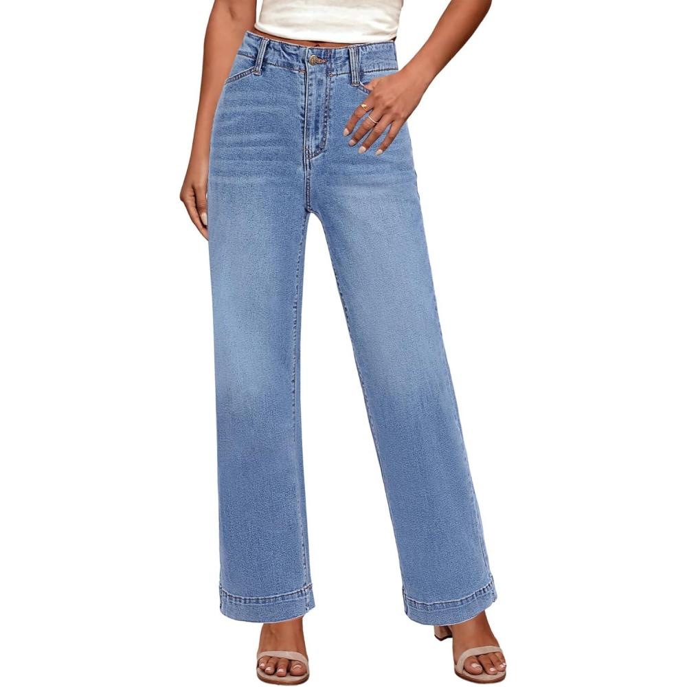 imageGRAPENT Wide Leg Jeans Woman High Waisted Trendy Stretchy Denim Pants Classic Trouser Jeans with Slash PocketsMedium Blue