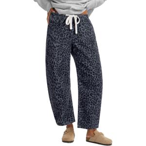 imageGRAPENT Barrel Jeans for Women Trendy High Waisted Pull On Wide Leg Cropped Leopard Cheetah Print Stretchy Denim PantsGray Cheetah