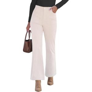imageGRAPENT Corduroy Pants for Women Flare High Waisted Fall Winter Elastic Waist Stretchy Work Casual Trendy Wide Leg PantsTurtledove
