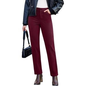 imageGRAPENT Corduroy Pants for Women High Wasited Straight Leg Elastic Waist Stretchy Casual Work Pants Fall Winter TrousersWine Red