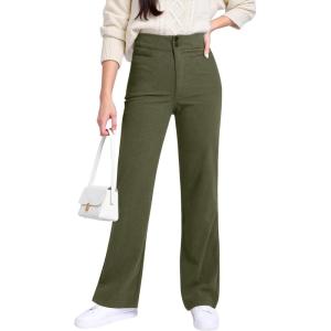 imageGRAPENT Corduroy Wide Leg Pants Woman High Waisted Trendy Fall Work Casual Elastic Waist Duo Button Welt Pocket TrousersOlive Green