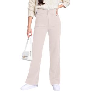 imageGRAPENT Corduroy Wide Leg Pants Woman High Waisted Trendy Fall Work Casual Elastic Waist Duo Button Welt Pocket TrousersTurtledove