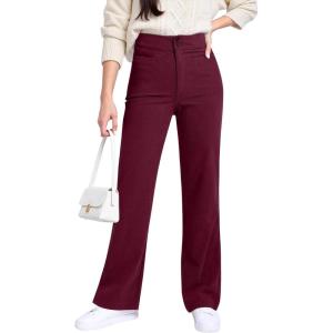 imageGRAPENT Corduroy Wide Leg Pants Woman High Waisted Trendy Fall Work Casual Elastic Waist Duo Button Welt Pocket TrousersWine Red