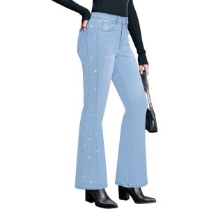 imageGRAPENT Flare Jeans for Women High Waisted Trendy Wide Leg Embellished Rhinestone Sparkly Concert Stretchy Denim PantsLakeside Blue