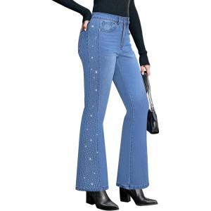 imageGRAPENT Flare Jeans for Women High Waisted Trendy Wide Leg Embellished Rhinestone Sparkly Concert Stretchy Denim PantsMedium Blue
