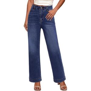 imageGRAPENT Wide Leg Jeans Woman High Waisted Trendy Stretchy Denim Pants Classic Trouser Jeans with Slash PocketsDarkness Blue