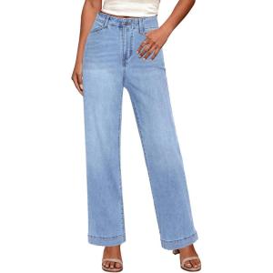 imageGRAPENT Wide Leg Jeans Woman High Waisted Trendy Stretchy Denim Pants Classic Trouser Jeans with Slash PocketsLakeside Blue
