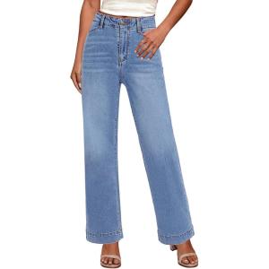 imageGRAPENT Wide Leg Jeans Woman High Waisted Trendy Stretchy Denim Pants Classic Trouser Jeans with Slash PocketsMedium Blue