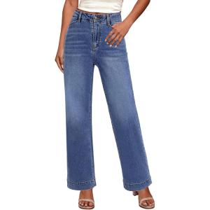 imageGRAPENT Wide Leg Jeans Woman High Waisted Trendy Stretchy Denim Pants Classic Trouser Jeans with Slash PocketsTimeless Blue