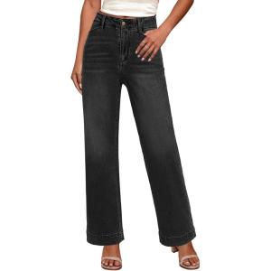 imageGRAPENT Wide Leg Jeans Woman High Waisted Trendy Stretchy Denim Pants Classic Trouser Jeans with Slash PocketsWashed Black
