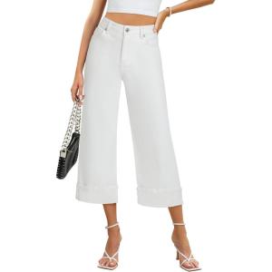 imageGRAPENT Wide Leg Jeans for Women High Waisted Stretchy Denim Crop Pants Fold Hem Cropped Baggy Jeans with Pockets