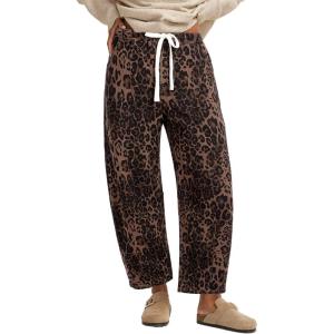 imageGRAPENT Barrel Jeans for Women Trendy High Waisted Pull On Wide Leg Cropped Leopard Cheetah Print Stretchy Denim PantsBrown Leopard