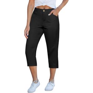 imageGRAPENT Capri Pants for Women Summer High Waisted Cotton Elastic Waist Dressy Casual Office Work Capris Trousers PantsBlack