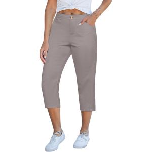 imageGRAPENT Capri Pants for Women Summer High Waisted Cotton Elastic Waist Dressy Casual Office Work Capris Trousers PantsGrey
