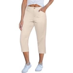 imageGRAPENT Capri Pants for Women Summer High Waisted Cotton Elastic Waist Dressy Casual Office Work Capris Trousers PantsMacadamia