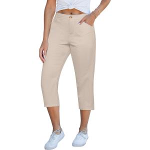 imageGRAPENT Capri Pants for Women Summer High Waisted Cotton Elastic Waist Dressy Casual Office Work Capris Trousers PantsOyster Gray
