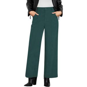 imageGRAPENT Corduroy Wide Leg Pants Woman High Waisted Fall Business Casual Elastic Waist Loose Trendy Trousers with PocketsForest Green