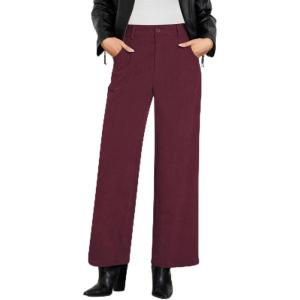 imageGRAPENT Corduroy Wide Leg Pants Woman High Waisted Fall Business Casual Elastic Waist Loose Trendy Trousers with PocketsWine Red