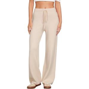 imageGRAPENT Womens Ribbed Knit Flowy Winter Pants Elastic Waist Tie Front Wide Leg Sweater Pants