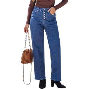 imageGRAPENT Wide Leg Jeans for Women High Waisted Trendy Button Fly Stretchy Denim Pants Vintage Straight Leg Trouser JeansClassic Blue