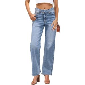 imageGRAPENT Baggy Jeans for Women High Waisted Straight Leg Crossover Trendy Stretch Denim Pants Slouchy Jeans with Pockets