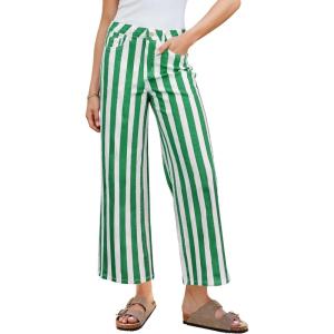 imageGRAPENT Women Jeans Striped Wide Leg High Waisted Trendy Stretchy Denim Pants Cute Casual Trouser Jeans with PocketsGreen