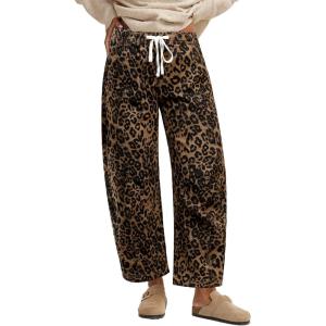 imageGRAPENT Barrel Jeans for Women Trendy High Waisted Pull On Wide Leg Cropped Leopard Cheetah Print Stretchy Denim PantsBronze Leopard