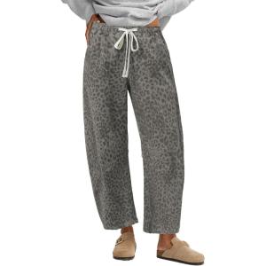 imageGRAPENT Barrel Jeans for Women Trendy High Waisted Pull On Wide Leg Cropped Leopard Cheetah Print Stretchy Denim PantsGray Leopard