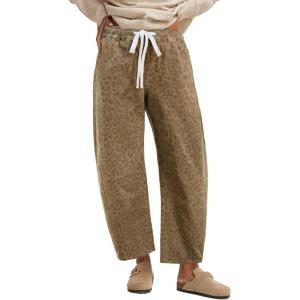 imageGRAPENT Barrel Jeans for Women Trendy High Waisted Pull On Wide Leg Cropped Leopard Cheetah Print Stretchy Denim PantsKhaki Leopard