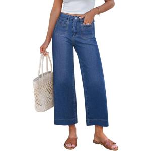 imageGRAPENT Cropped Jeans for Women Trendy 2026 Wide Leg High Waisted Patch Pocket Stretchy Denim Pants Short Trouser JeansClassic Blue