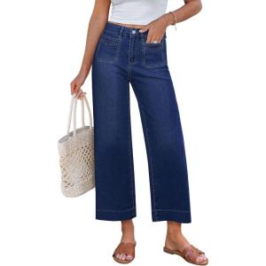 imageGRAPENT Cropped Jeans for Women Trendy 2026 Wide Leg High Waisted Patch Pocket Stretchy Denim Pants Short Trouser JeansDarkness Blue