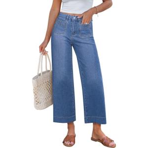 imageGRAPENT Cropped Jeans for Women Trendy 2026 Wide Leg High Waisted Patch Pocket Stretchy Denim Pants Short Trouser JeansMedium Blue