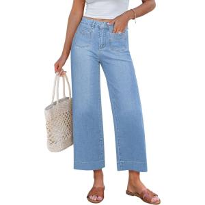imageGRAPENT Cropped Jeans for Women Trendy 2026 Wide Leg High Waisted Patch Pocket Stretchy Denim Pants Short Trouser JeansSeaside Blue