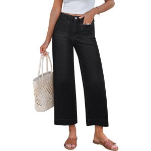 imageGRAPENT Cropped Jeans for Women Trendy 2026 Wide Leg High Waisted Patch Pocket Stretchy Denim Pants Short Trouser JeansWashed Black