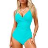 imageGRAPENT One Piece Swimsuit Women Ruched Twist Front Padded Modest Full Coverage Swim Bathing Suit Swimwear SwimsuitsAqua Blue