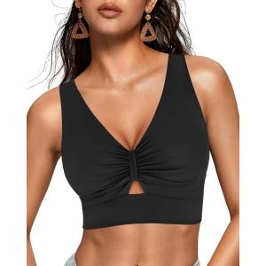 imageGRAPENT Bikini Tops for Women Cropped Tankini Tops Beach Ruched Knot Cut Out Padded Adjustable Swimwear Swim Top OnlyBlack