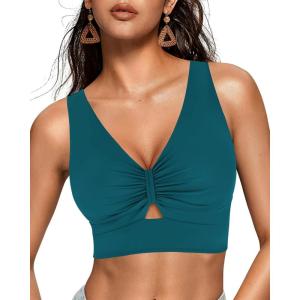 imageGRAPENT Bikini Tops for Women Cropped Tankini Tops Beach Ruched Knot Cut Out Padded Adjustable Swimwear Swim Top OnlyDark Lake Green