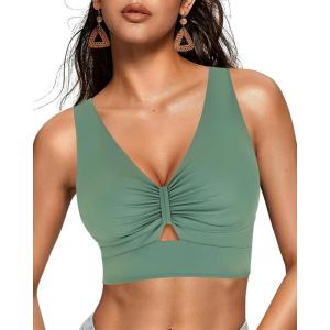 imageGRAPENT Bikini Tops for Women Cropped Tankini Tops Beach Ruched Knot Cut Out Padded Adjustable Swimwear Swim Top OnlyIceberg Green