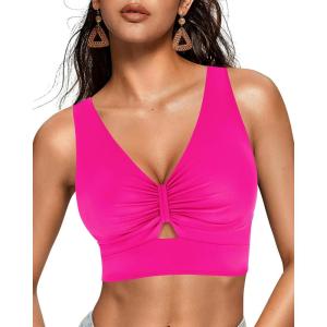 imageGRAPENT Bikini Tops for Women Cropped Tankini Tops Beach Ruched Knot Cut Out Padded Adjustable Swimwear Swim Top OnlyNeon Pink