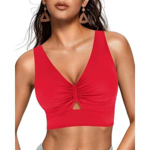 imageGRAPENT Bikini Tops for Women Cropped Tankini Tops Beach Ruched Knot Cut Out Padded Adjustable Swimwear Swim Top OnlyRed