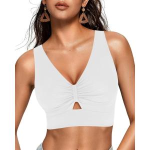 imageGRAPENT Bikini Tops for Women Cropped Tankini Tops Beach Ruched Knot Cut Out Padded Adjustable Swimwear Swim Top OnlyWhite