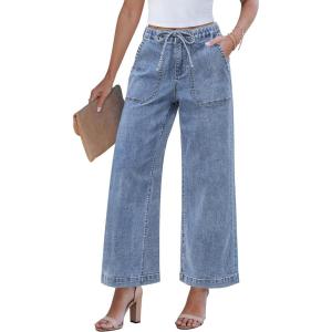 imageGRAPENT Wide Leg Jeans for Women Trendy High Waisted Drawstring Tie Elastic Waist Stretchy Denim Pants Trouser JeansAfter Dust Blue