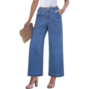 imageGRAPENT Wide Leg Jeans for Women Trendy High Waisted Drawstring Tie Elastic Waist Stretchy Denim Pants Trouser JeansClassic Blue