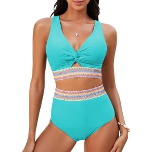 imageGRAPENT Bikini Sets for Women High Waisted Two Piece Swimsuit Padded Knot Twist Cut Out Color Block Bathing Suit BikinisAqua Blue