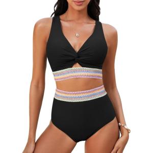 imageGRAPENT Bikini Sets for Women High Waisted Two Piece Swimsuit Padded Knot Twist Cut Out Color Block Bathing Suit BikinisBlack