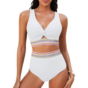imageGRAPENT Bikini Sets for Women High Waisted Two Piece Swimsuit Padded Knot Twist Cut Out Color Block Bathing Suit BikinisCream White