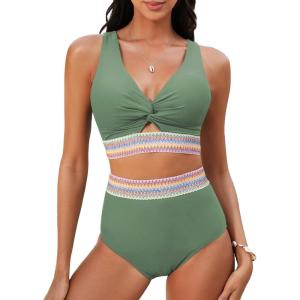 imageGRAPENT Bikini Sets for Women High Waisted Two Piece Swimsuit Padded Knot Twist Cut Out Color Block Bathing Suit BikinisIceberg Green