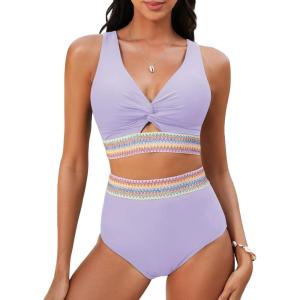 imageGRAPENT Bikini Sets for Women High Waisted Two Piece Swimsuit Padded Knot Twist Cut Out Color Block Bathing Suit BikinisLavender