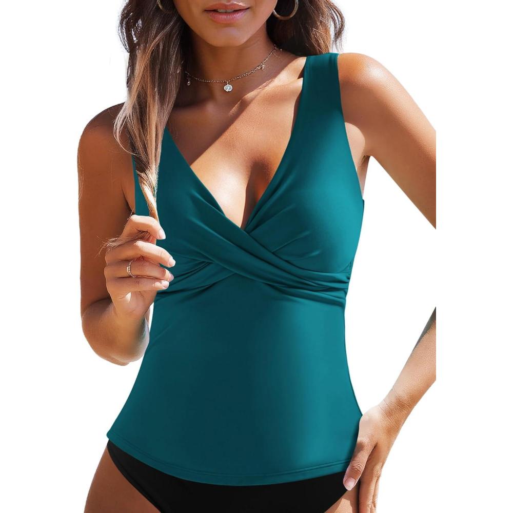 imageGRAPENT Tankini Tops for Women Cross Over Adjustable Straps Padded Modest Swimsuits Swimwear Bathing Suit Swim Top OnlyDark Lake Green